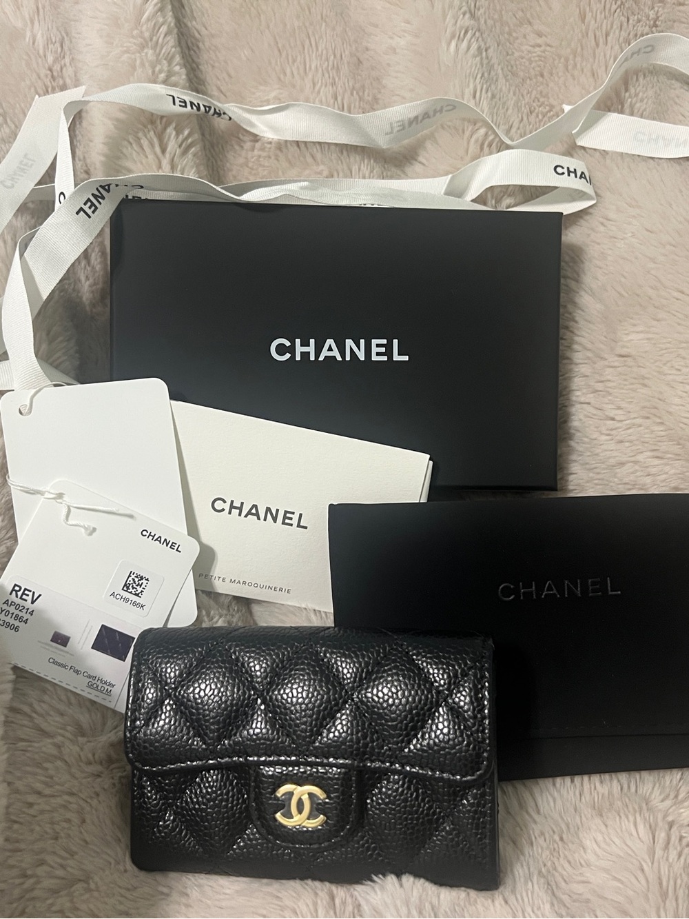 CHANEL Black Quilted Caviar Leather Mini Wallet with Gold CC